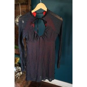 Free People Dress Sz M Blue Skater Mini Keyhole Back Tie front Long sleeve